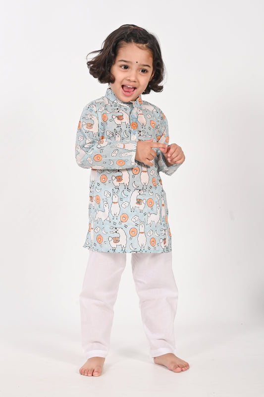 No Drama Llama- Unisex Blue Kurta | kids cotton block printed shirt