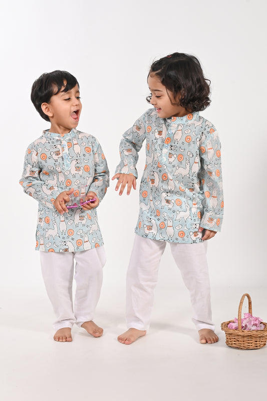 No Drama Llama- gender neutral hand blocked Blue Kurta | casual boys and girls shirts