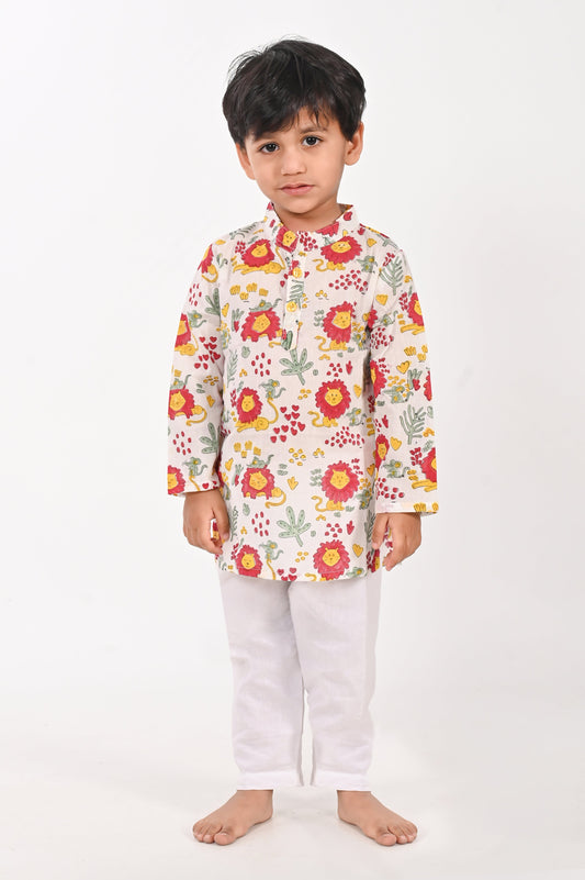 Lion and Mouse- White  Unisex Kurta