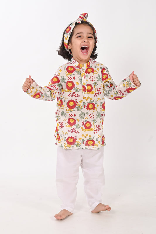 Lion and Mouse- White  Unisex Kurta