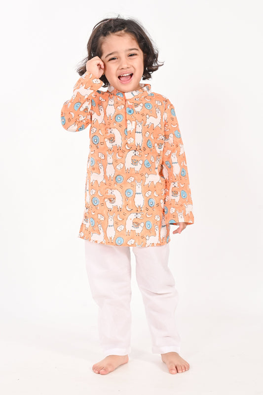 No Drama Llama- Unisex Orange Kurta | block printed coton shirts for kids