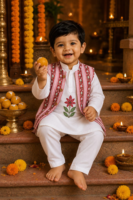 Gul White Kurta Pyjama Jacket Set for Boys