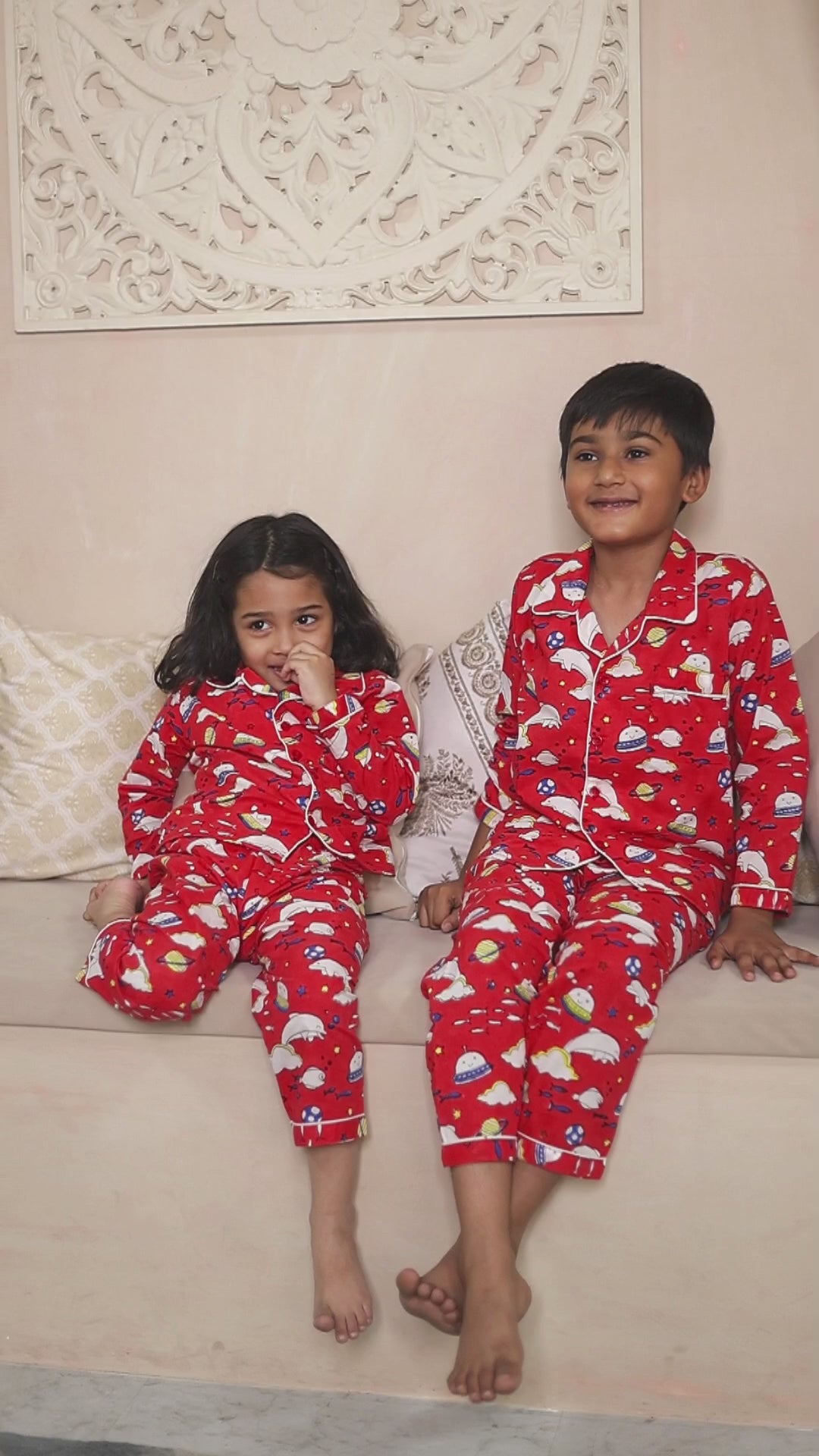 Playful Fish Print Red Nightsuit Sets | Premium Unisex Matching Sleepwear.